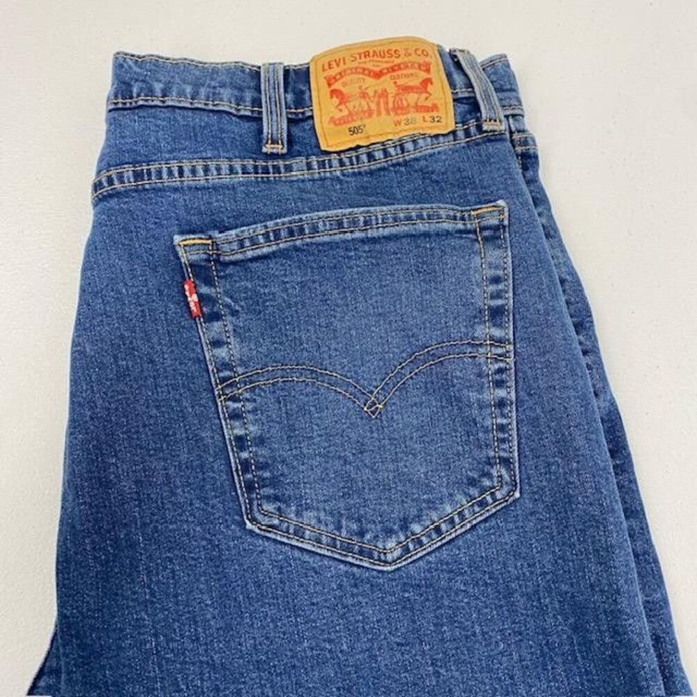 Levis 505 Jeans Mens 38x32 Regular Fit Straight Leg Blue Stretch Denim(436-5)